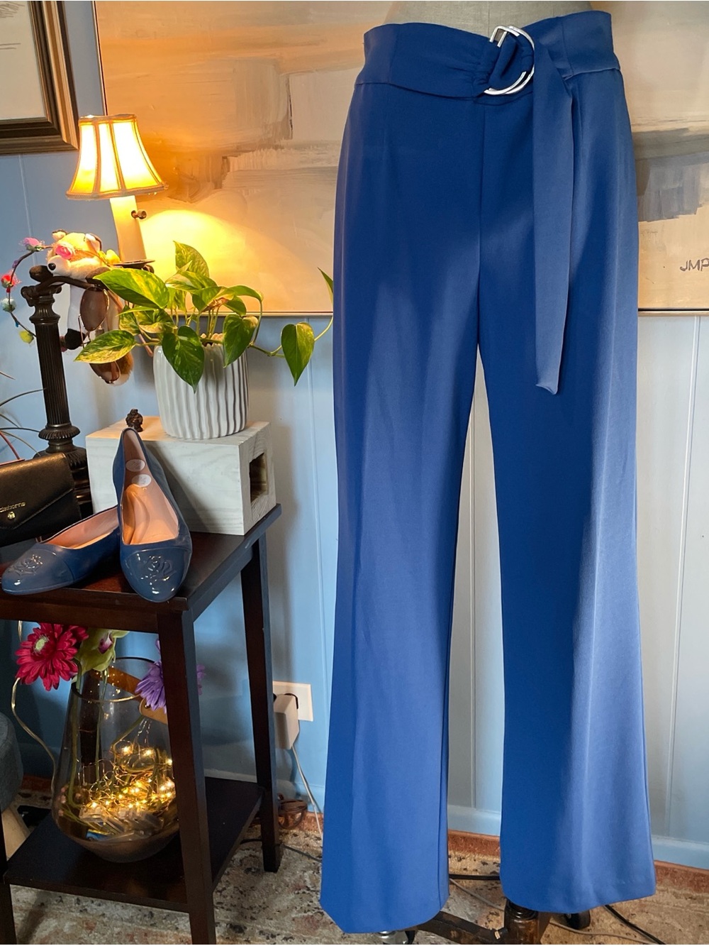 High-Rise Wide-Leg Trousers with D-Ring Self-Tie in Royal Blue